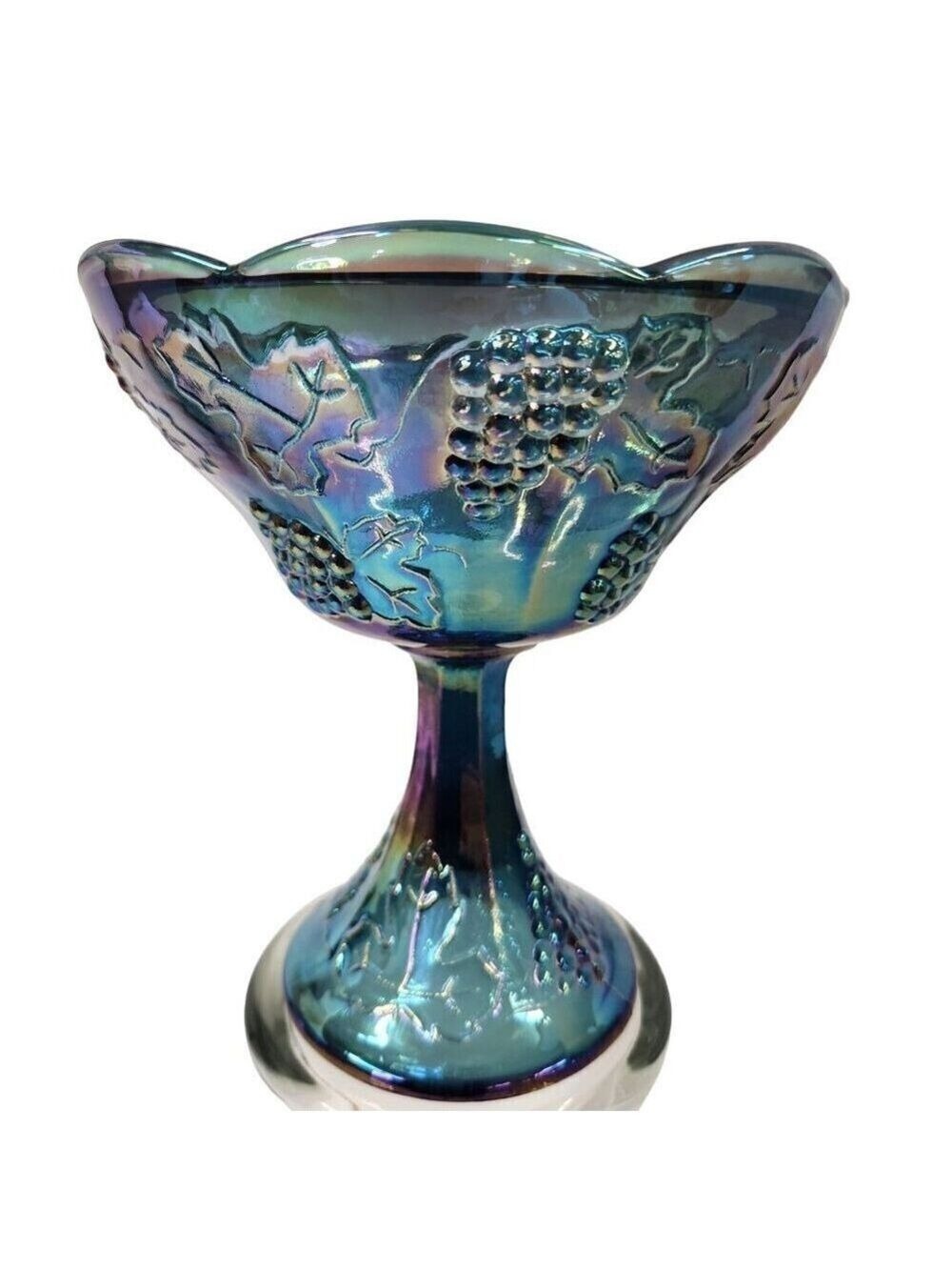 Indiana Carnival Glass Compote Bowl Blue Grape Leaf Vintage - Picture 4 of 6